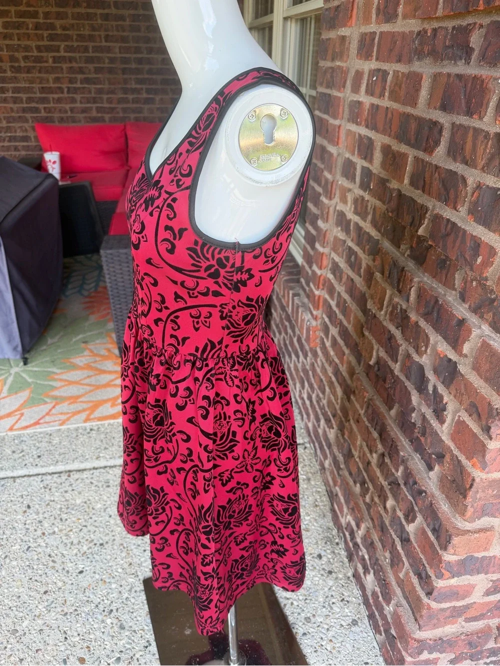 Coco Love Red Floral Flocked Fit & Flare Dress Sleeveless Size S